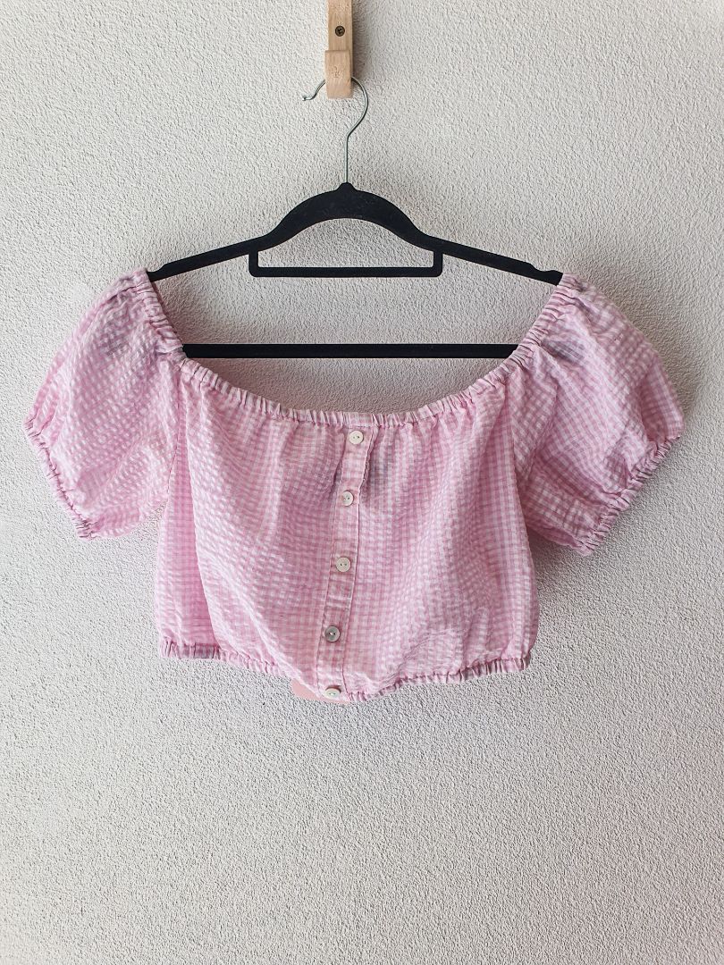 MinkPink Baby pink gingham crop puff top XS