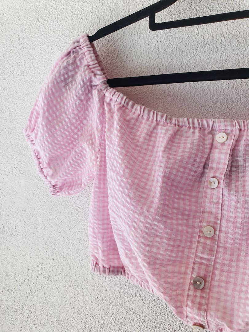 MinkPink Baby pink gingham crop puff top XS