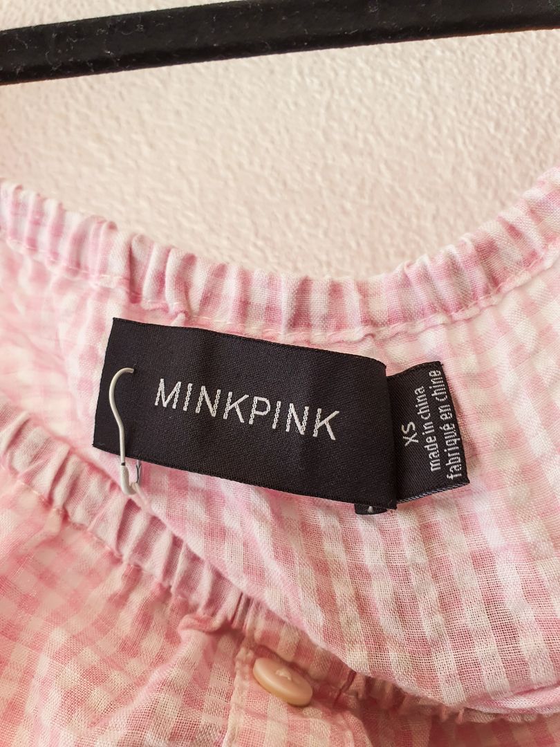 MinkPink Baby pink gingham crop puff top XS