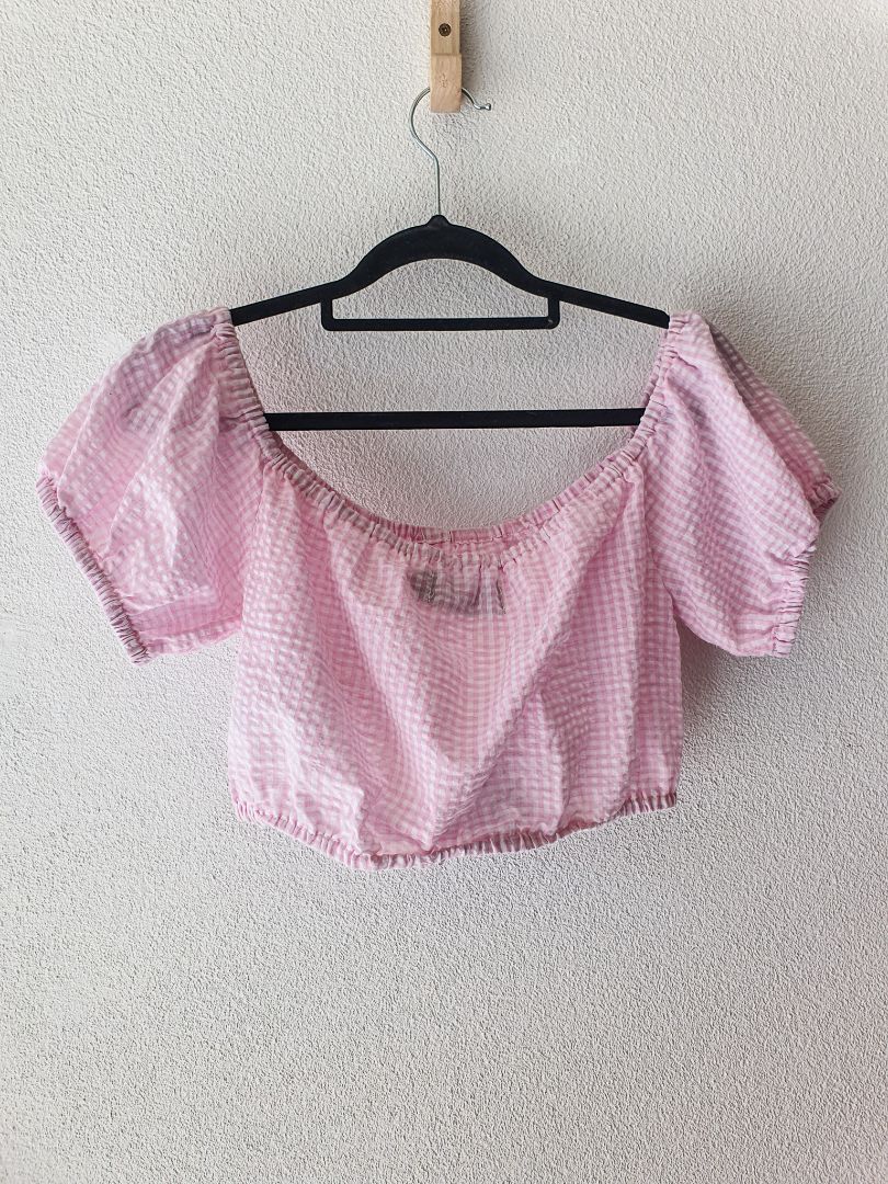 MinkPink Baby pink gingham crop puff top XS
