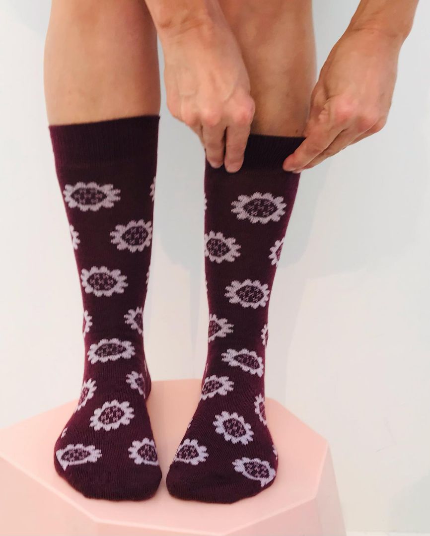 Merino Socks Flowers | Maroon
