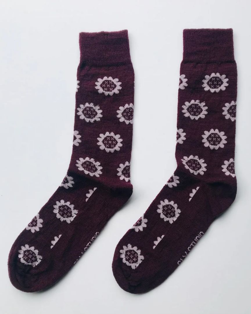 Sly & Co Merino Socks | Maroon Flowers