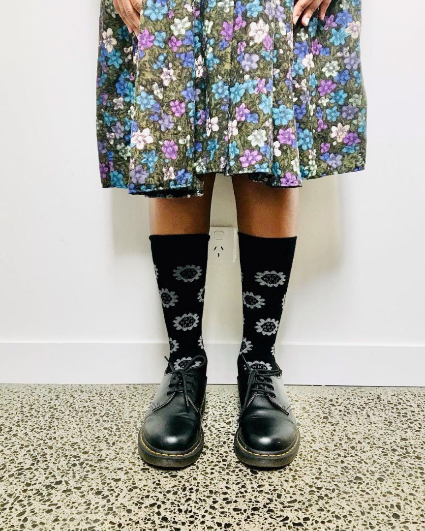 Merino Socks Flowers | Black